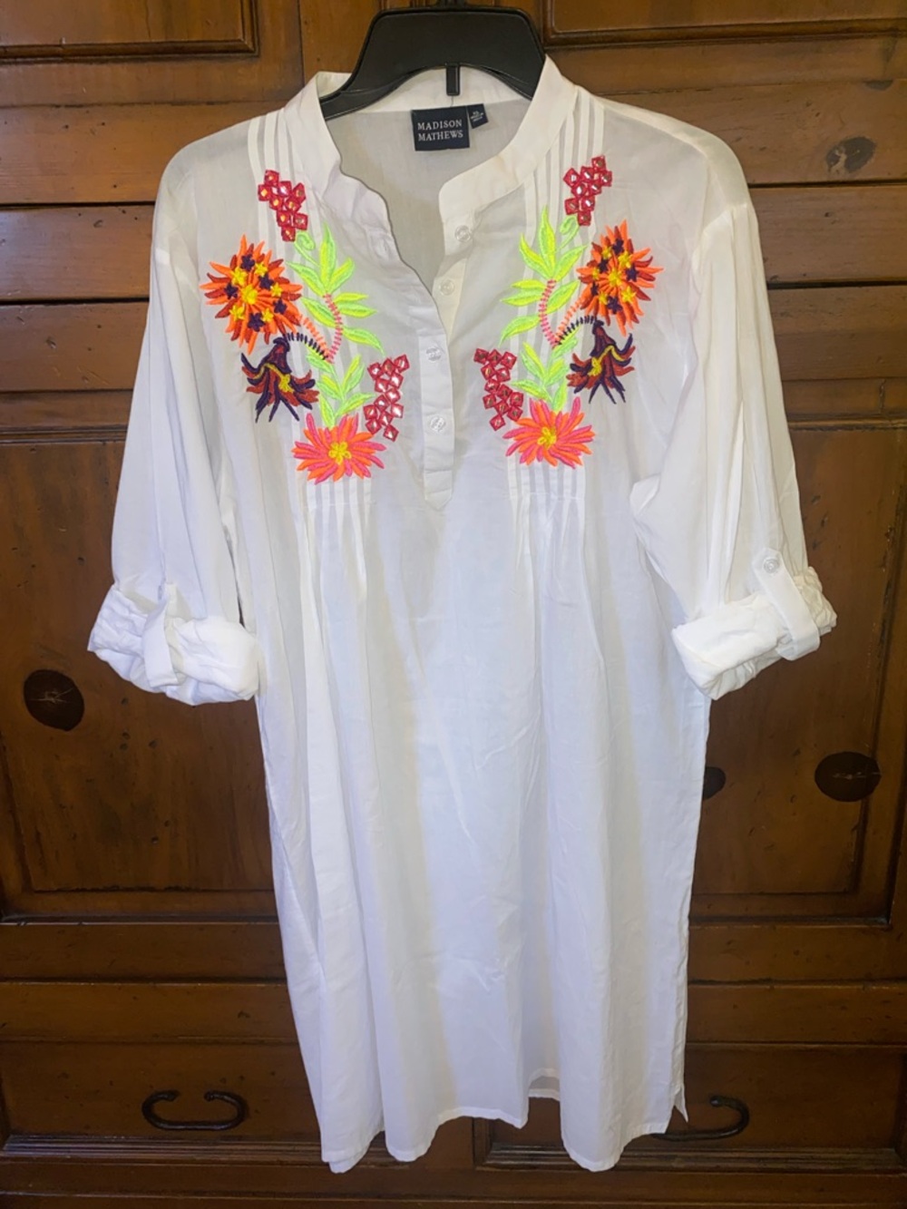 Madison Mathews Embroidered White Tunic Shirtdress-XL